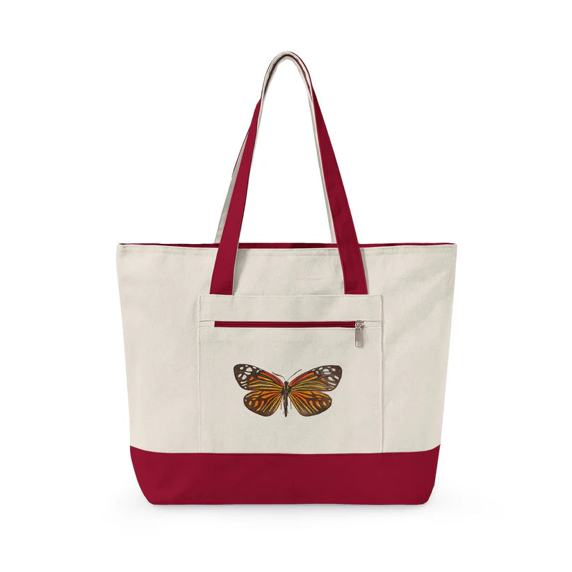 Color Block Butterfly Print Spacious Canvas Tote Bag With Zipper Pocket Accessories For Casual Daily Matching