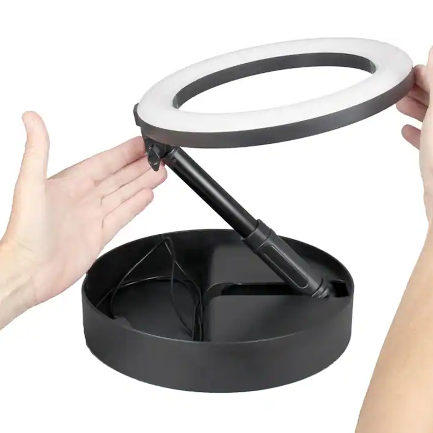 Collapsible Self-Contained LED Ring Light Vlogging Kit with Built-In Phone Mount, Compact Foldable Selfie Lighting Set