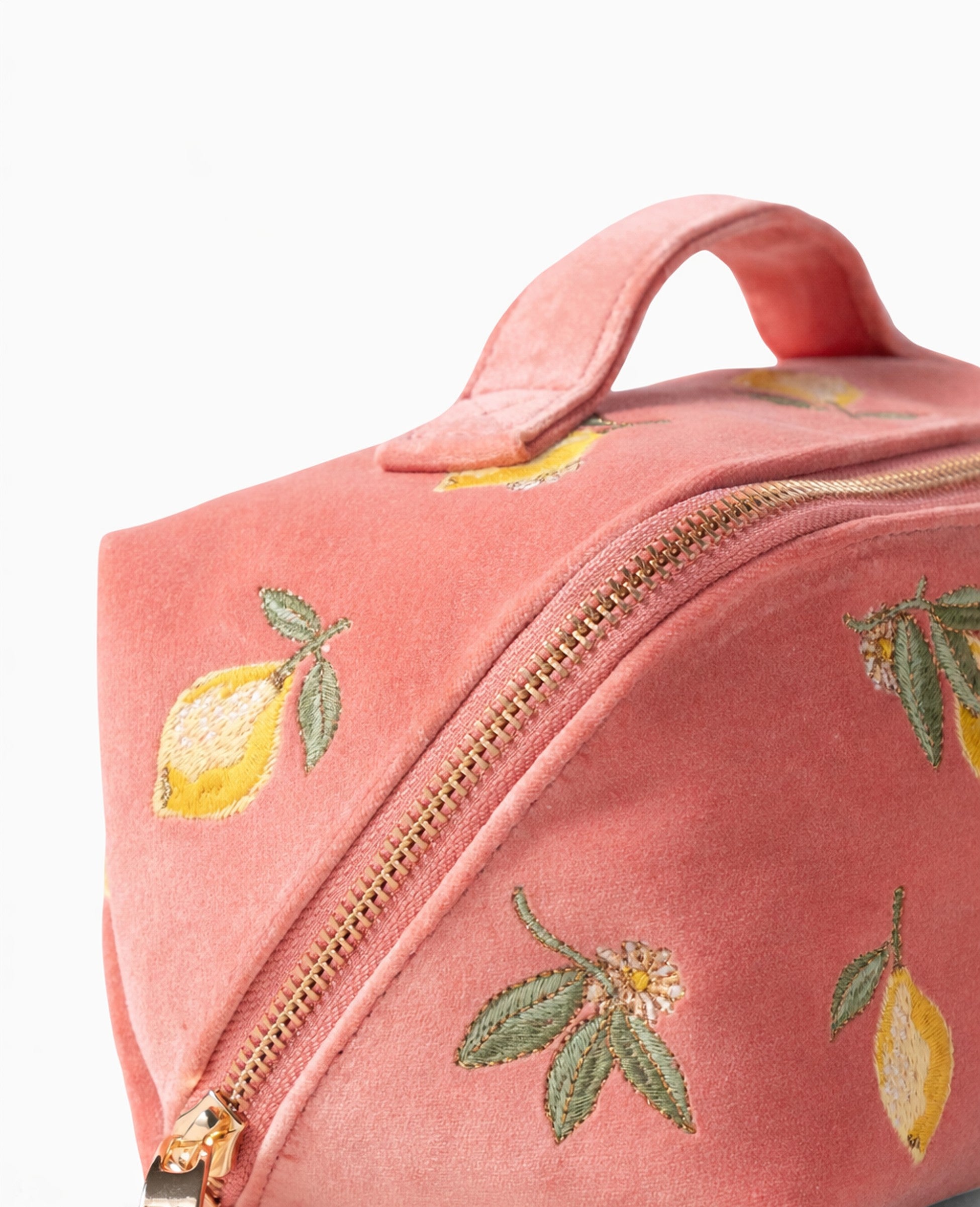 Pink Lemon Embroidery Flat Open Cosmetic Bag With Golden Zipper Handle Accessories