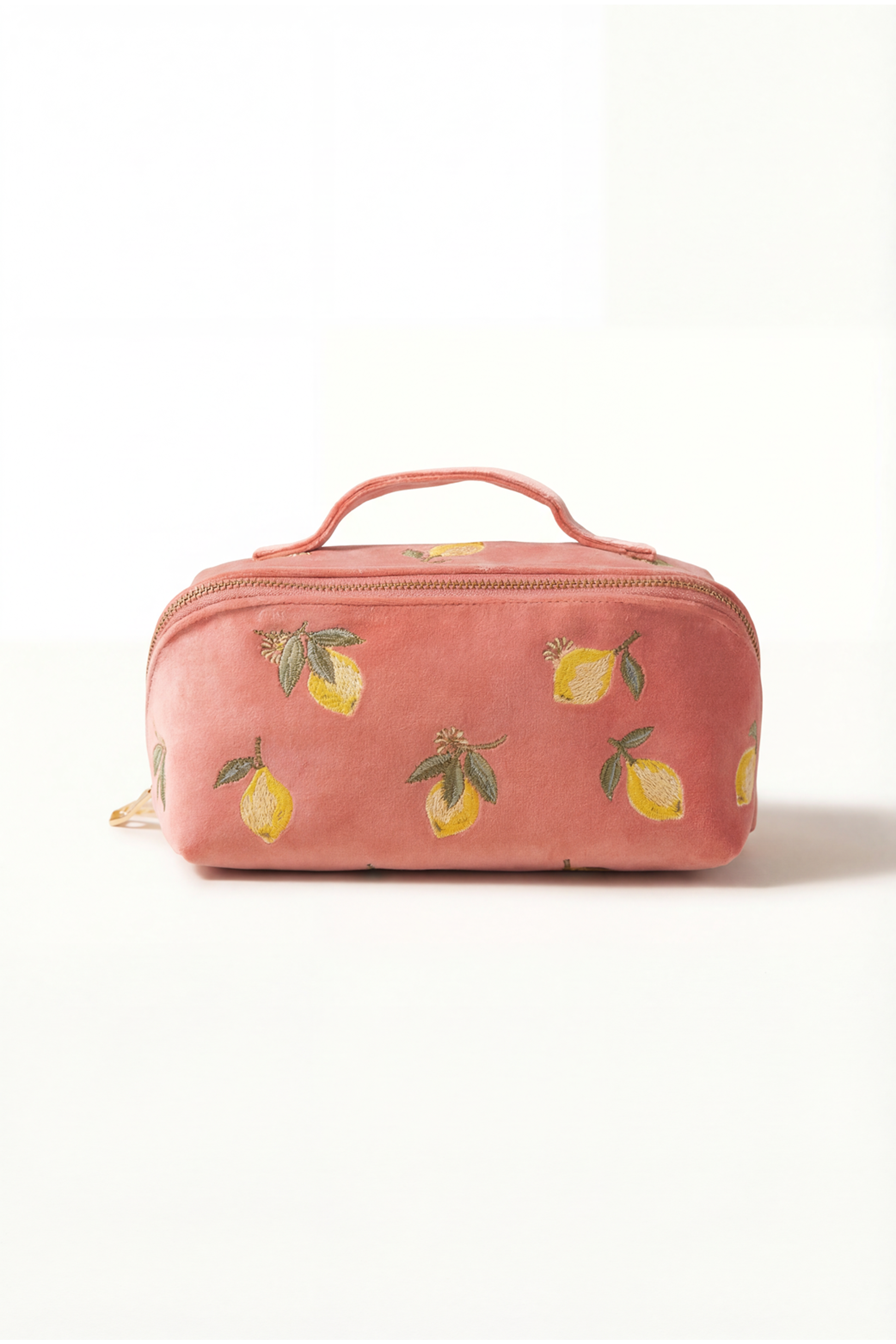 Pink Lemon Embroidery Flat Open Cosmetic Bag With Golden Zipper Handle Accessories