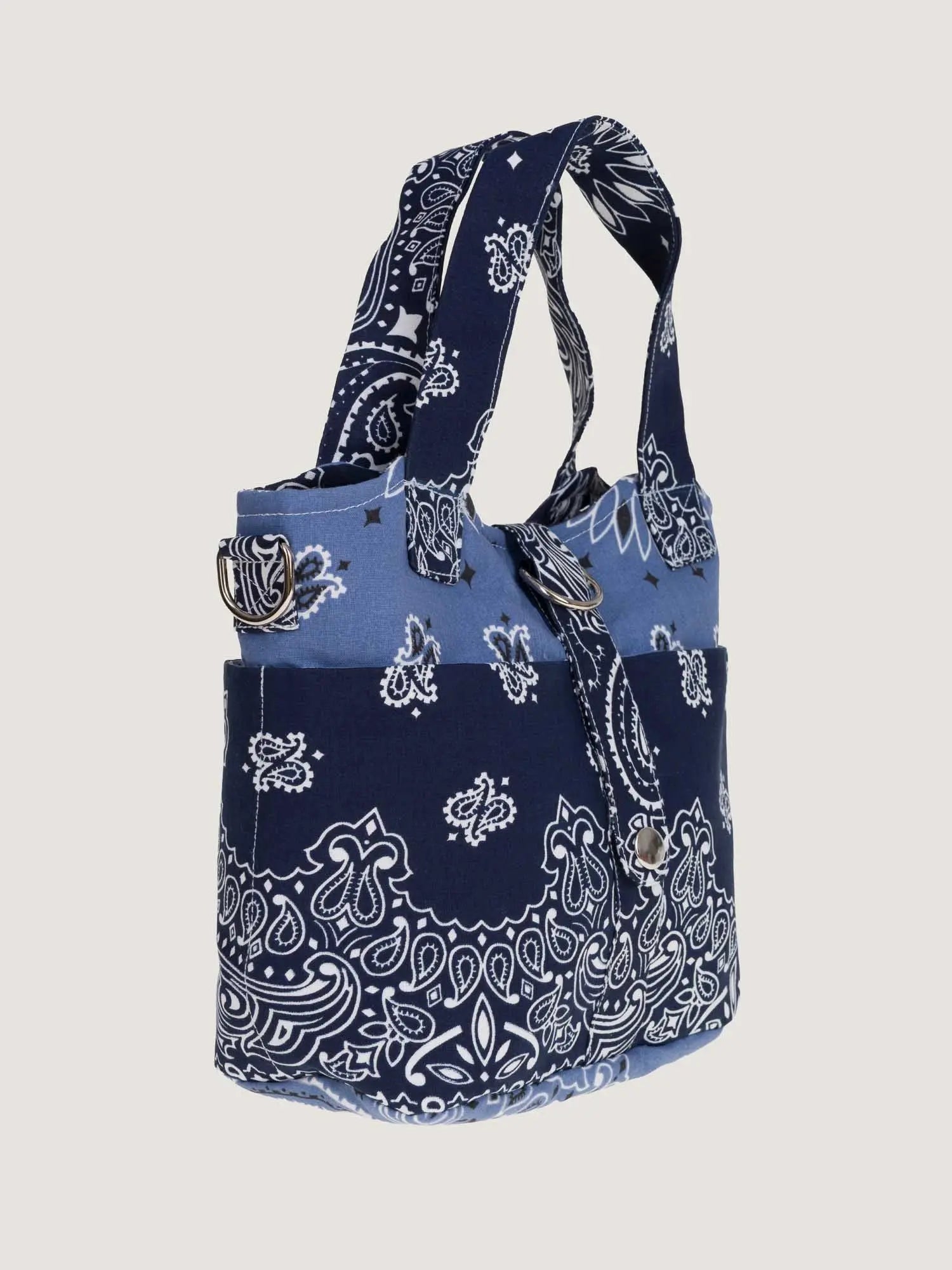 Navy Paisley Canvas Handbag With Detachable Strap Fittings For Daily Casual Matching