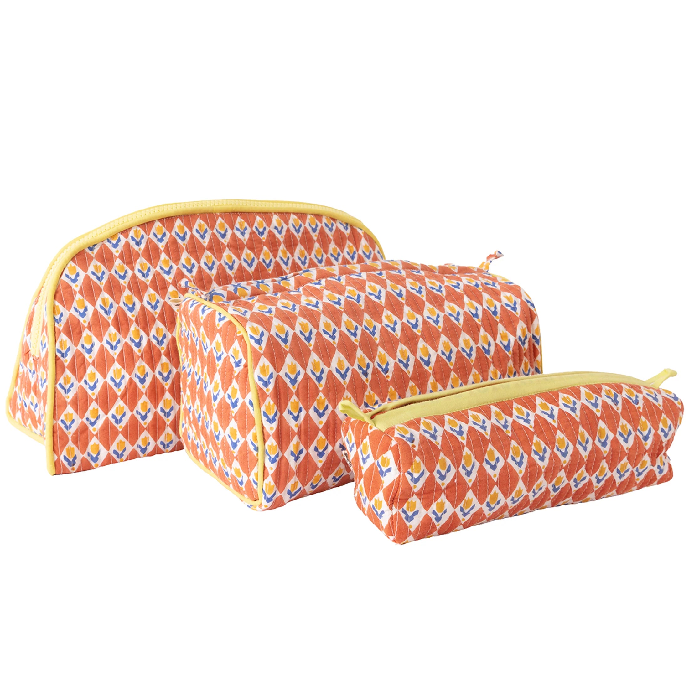 3-Size Rhombus Tulip Print Cosmetic Bag With Yellow Zipper Trim Accessories