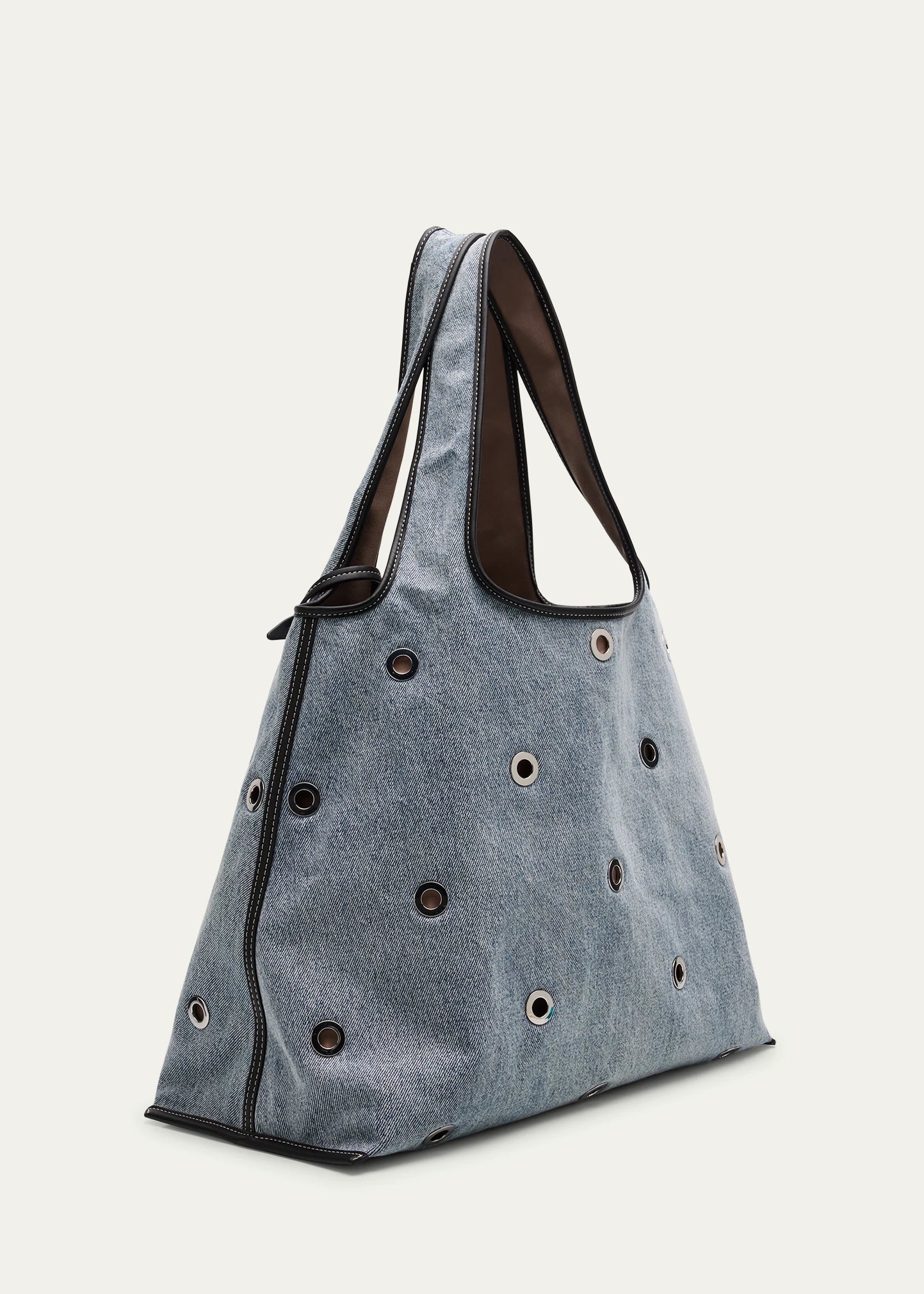 Slouchy Structured Design Light Blue Denim Bag With Leather Trim & Metal Eyelet Fittings