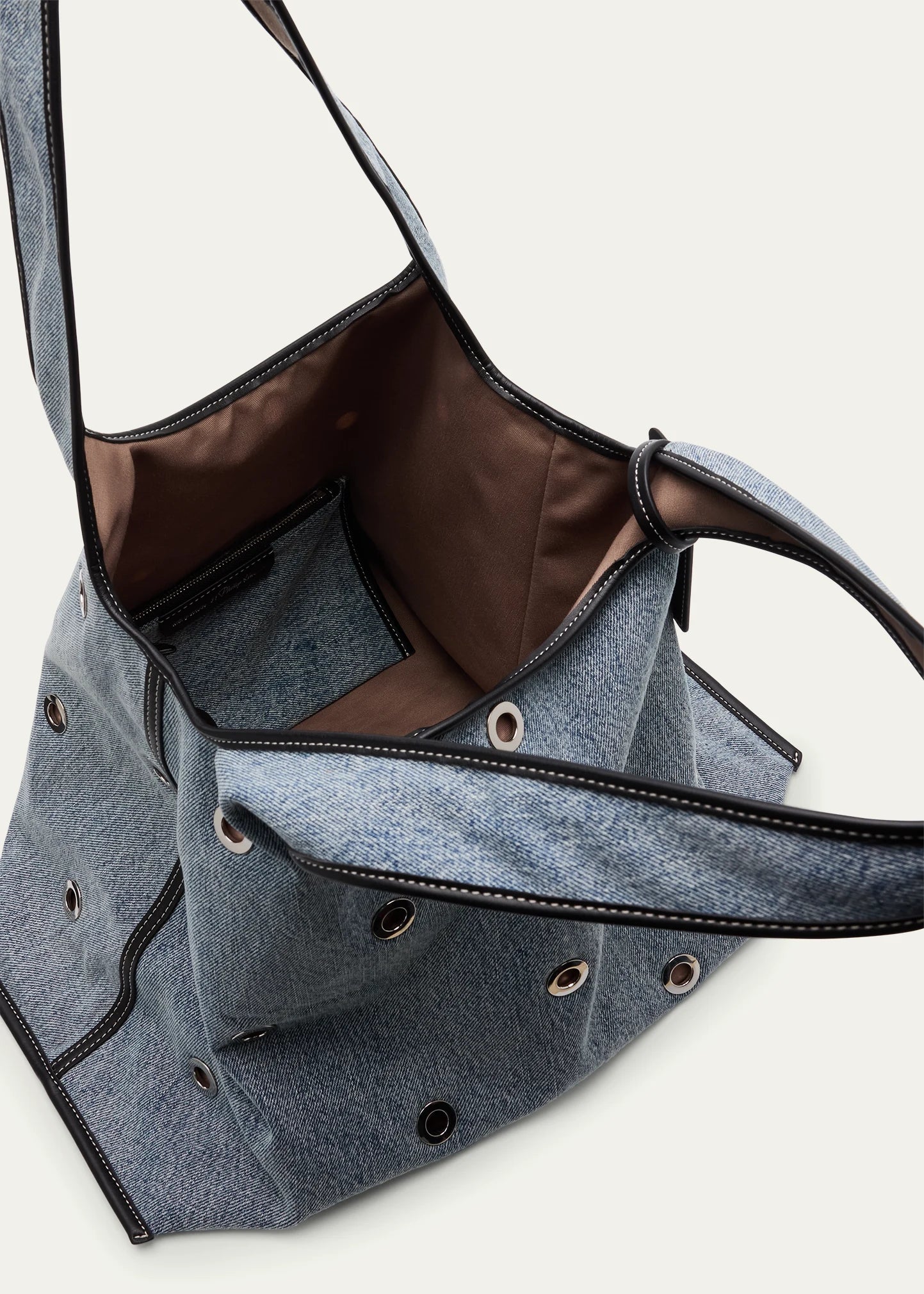Slouchy Structured Design Light Blue Denim Bag With Leather Trim & Metal Eyelet Fittings