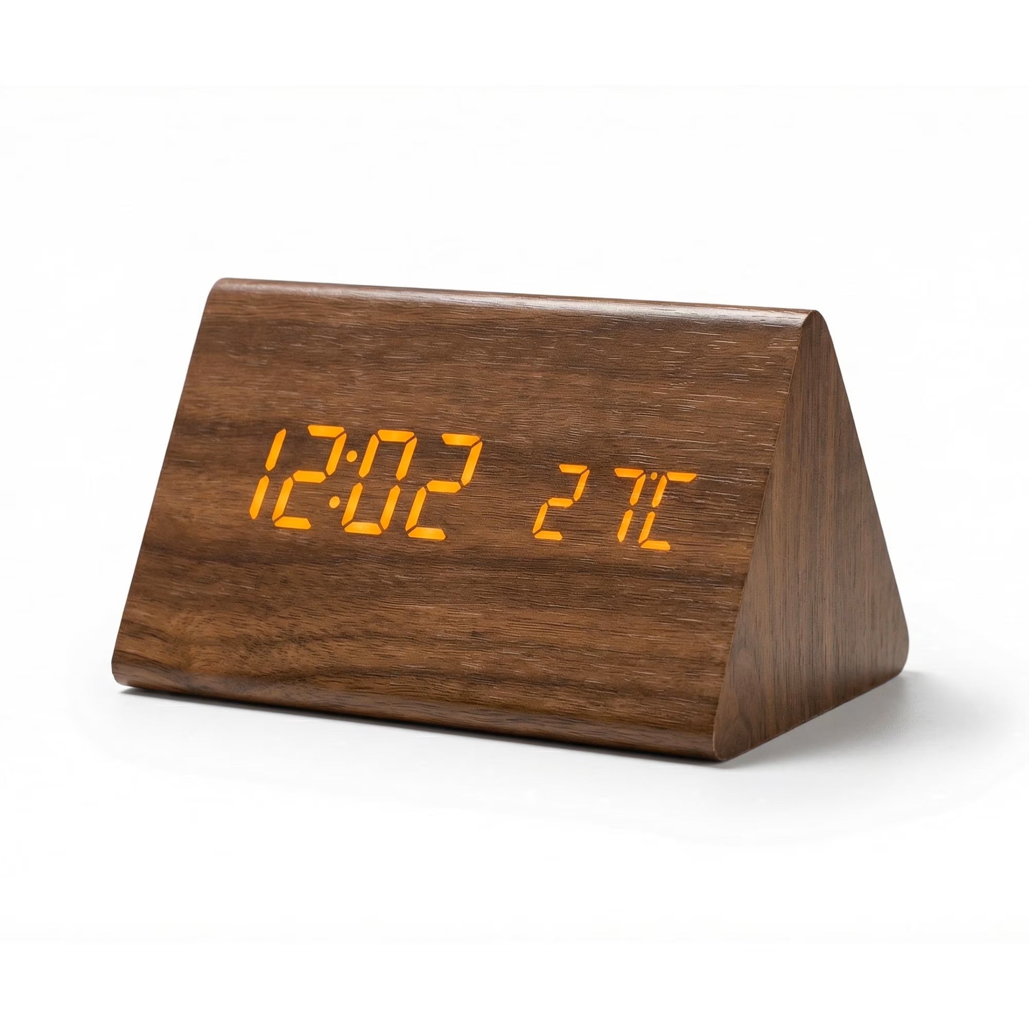 Triangular Desktop Digital Wake-Up Clock, Dimmable LED Display with Ambient Temp & Date Readout, Dual Power Supply Multi-Alarm Timepiece