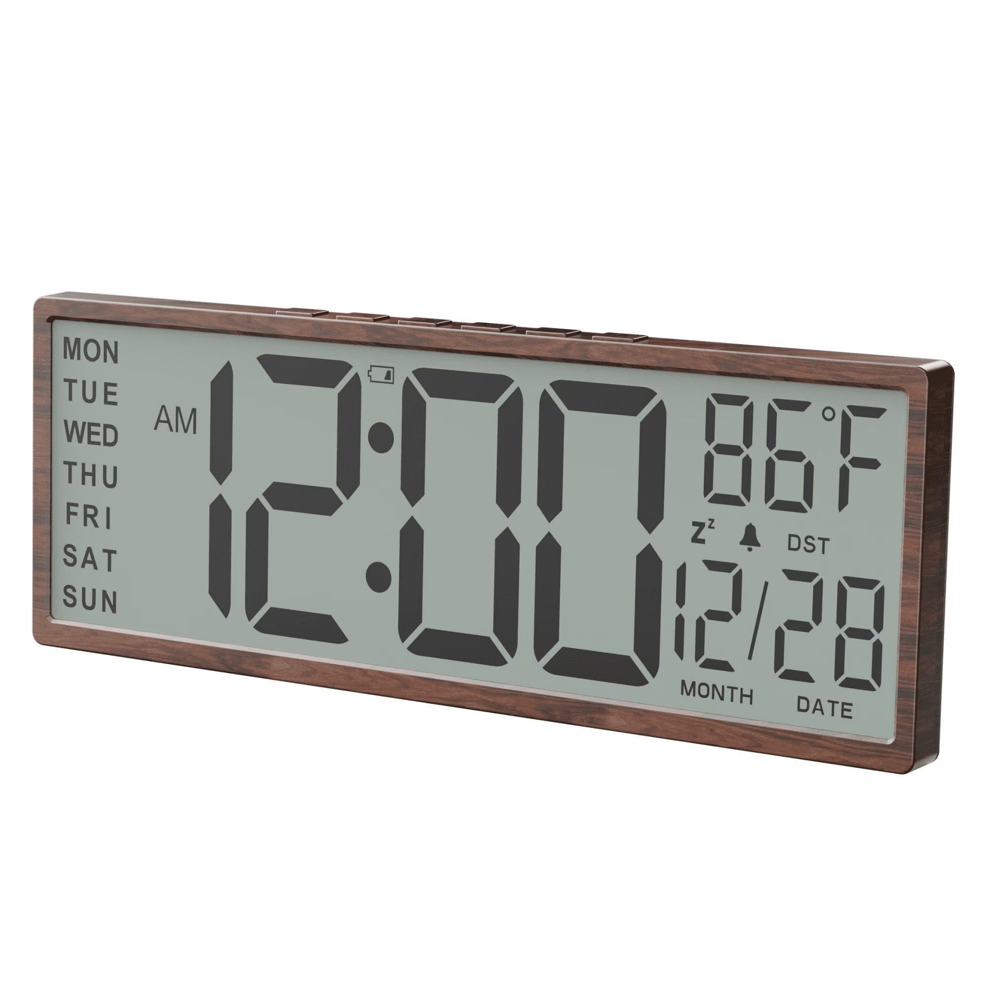 Screen Digital Wall & Desk Clock, Battery Powered Large Digit Timepiece with Weekday Calendar, Indoor Thermometer & Auto Daylight Saving Adjustment