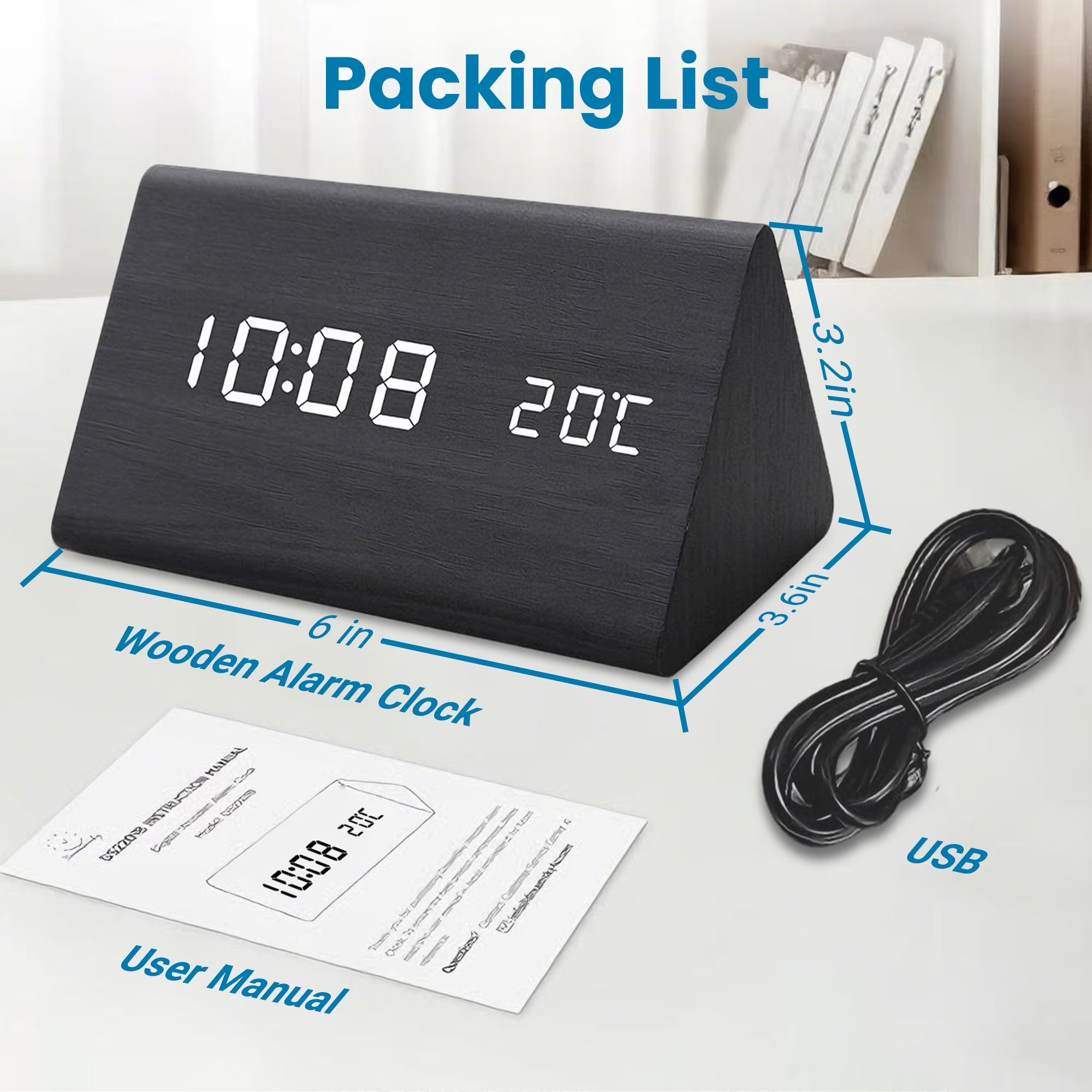 Triangular Desktop Digital Wake-Up Clock, Dimmable LED Display with Ambient Temp & Date Readout, Dual Power Supply Multi-Alarm Timepiece