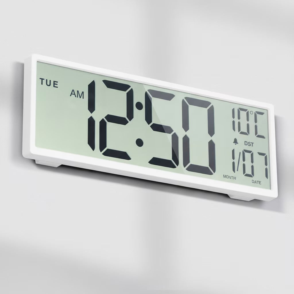 Screen Digital Wall & Desk Clock, Battery Powered Large Digit Timepiece with Weekday Calendar, Indoor Thermometer & Auto Daylight Saving Adjustment