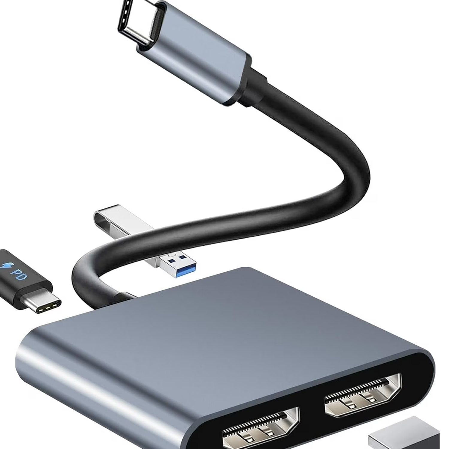 Usb-C Dual Display Multiport Docking Adapter, Triple-Function Hub With Dual 4K Video Output, Pass-Through Charging And Superspeed Data Port